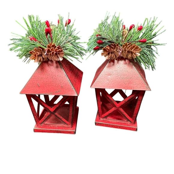 Christmas Lantern Ornament Set 5in Pinecone Berry Accents Holiday Rustic New Red - Picture 4 of 11